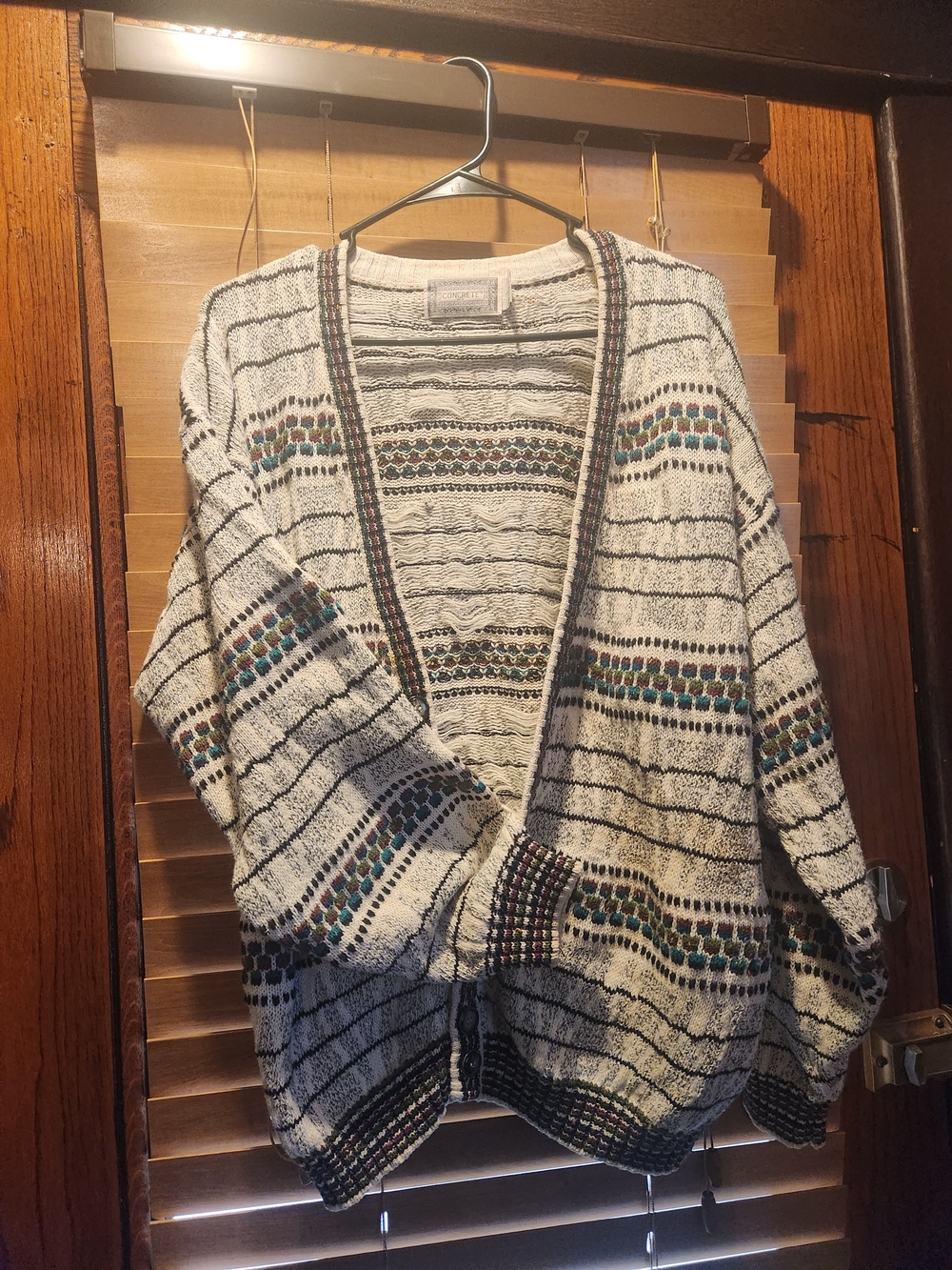 Open-Front Cream Cardigan with Teal & Brown Accents
